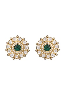 Gold Finish Kundan Polki Stud Earrings In Sterling Silver