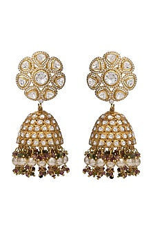 Gold Finish Kundan Polki Jhumka Earrings In Sterling Silver