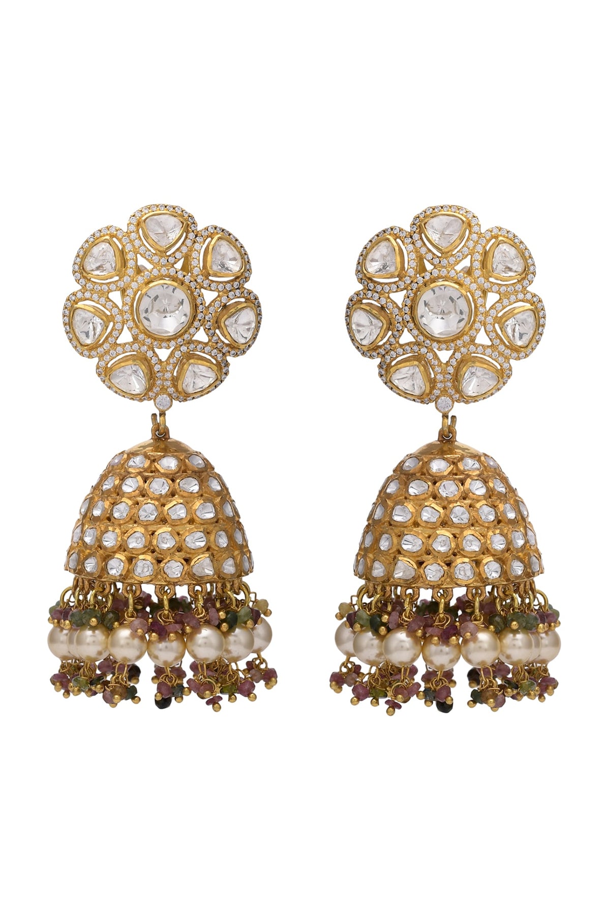 Gold Finish Kundan Polki Jhumka Earrings In Sterling Silver