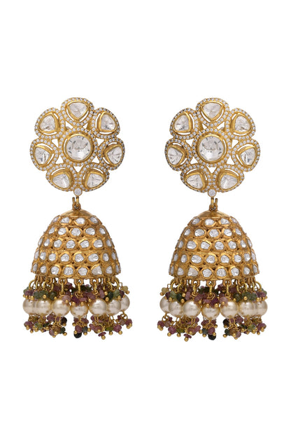 Gold Finish Kundan Polki Jhumka Earrings In Sterling Silver