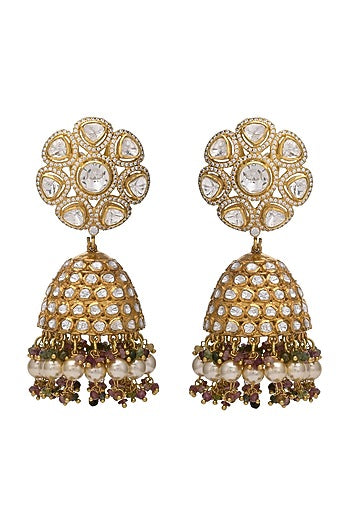 Gold Finish Kundan Polki Jhumka Earrings In Sterling Silver