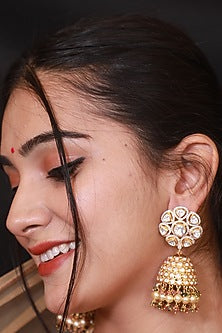 Gold Finish Kundan Polki Jhumka Earrings In Sterling Silver