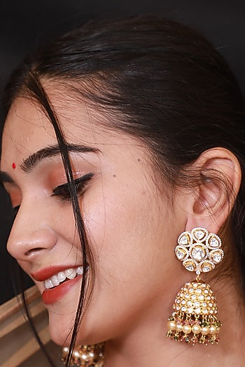 Gold Finish Kundan Polki Jhumka Earrings In Sterling Silver