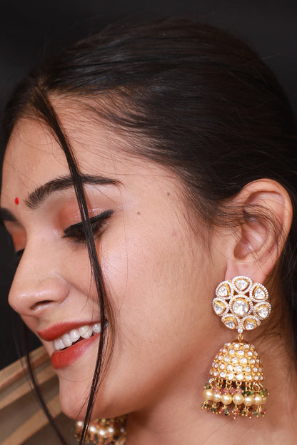 Gold Finish Kundan Polki Jhumka Earrings In Sterling Silver