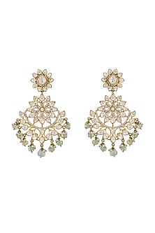Gold Finish Kundan Polki Chandbali Earrings In Sterling Silver