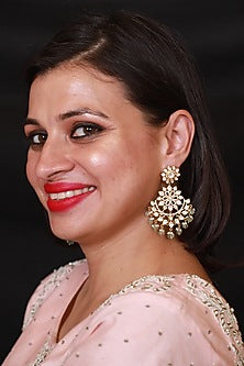 Gold Finish Kundan Polki Chandbali Earrings In Sterling Silver