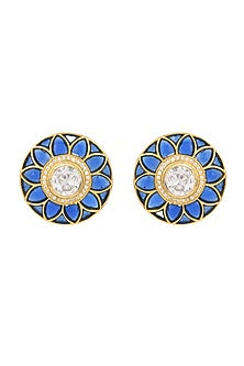 Gold Finish Kundan Polki Stud Earrings In Sterling Silver