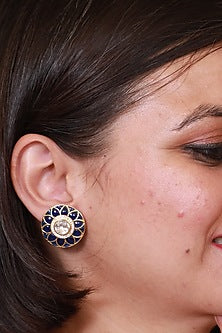 Gold Finish Kundan Polki Stud Earrings In Sterling Silver