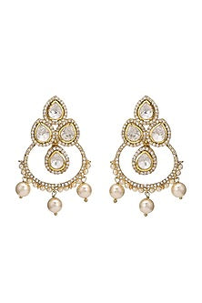 Gold Finish Kundan Polki Chandbali Earrings In Sterling Silver
