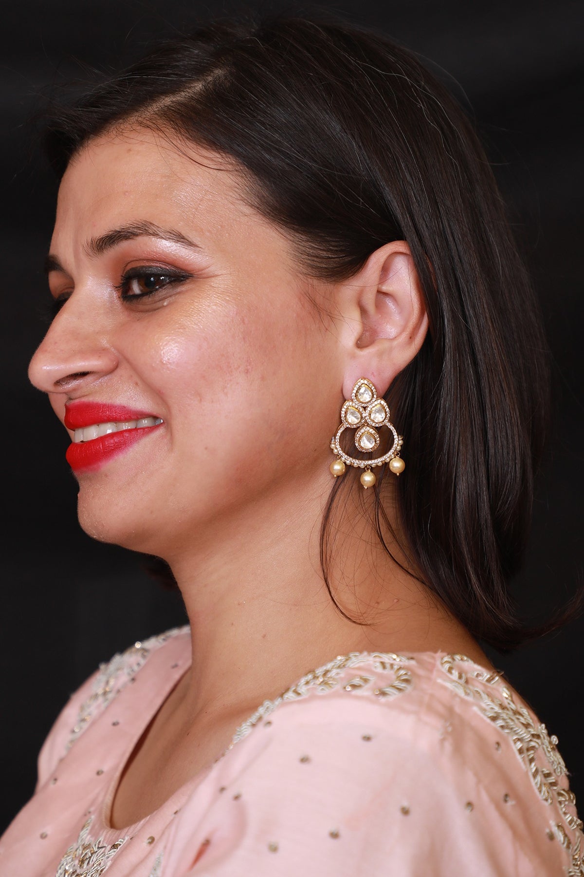 Gold Finish Kundan Polki Chandbali Earrings In Sterling Silver
