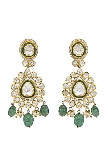 Gold Finish Moissanite Kundan Earrings In Sterling Silver