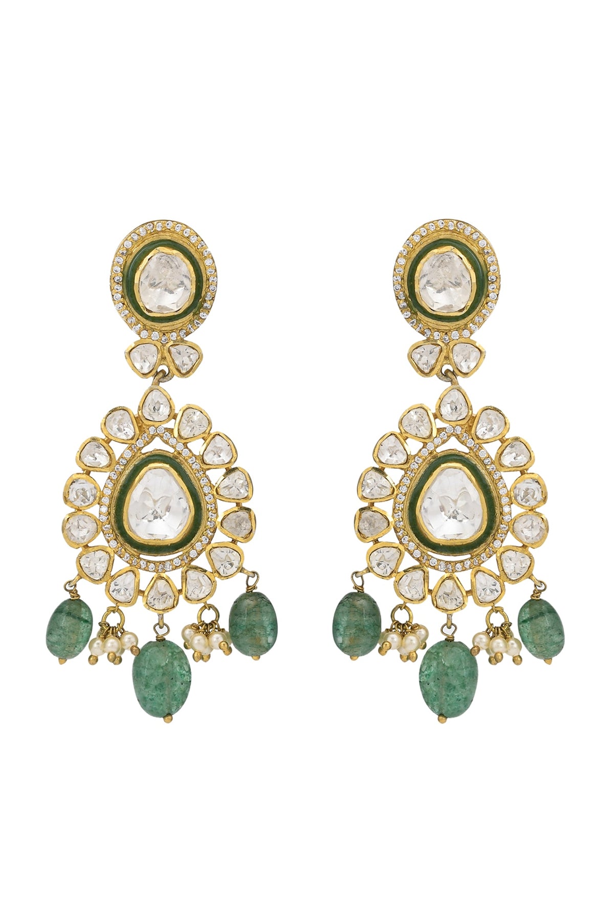 Gold Finish Moissanite Kundan Earrings In Sterling Silver