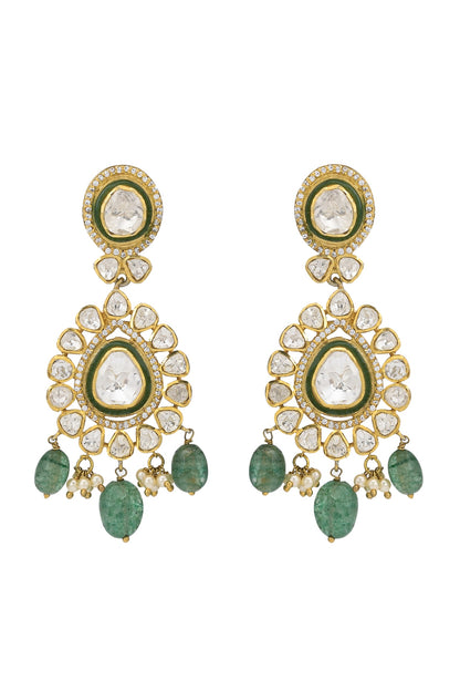 Gold Finish Moissanite Kundan Earrings In Sterling Silver