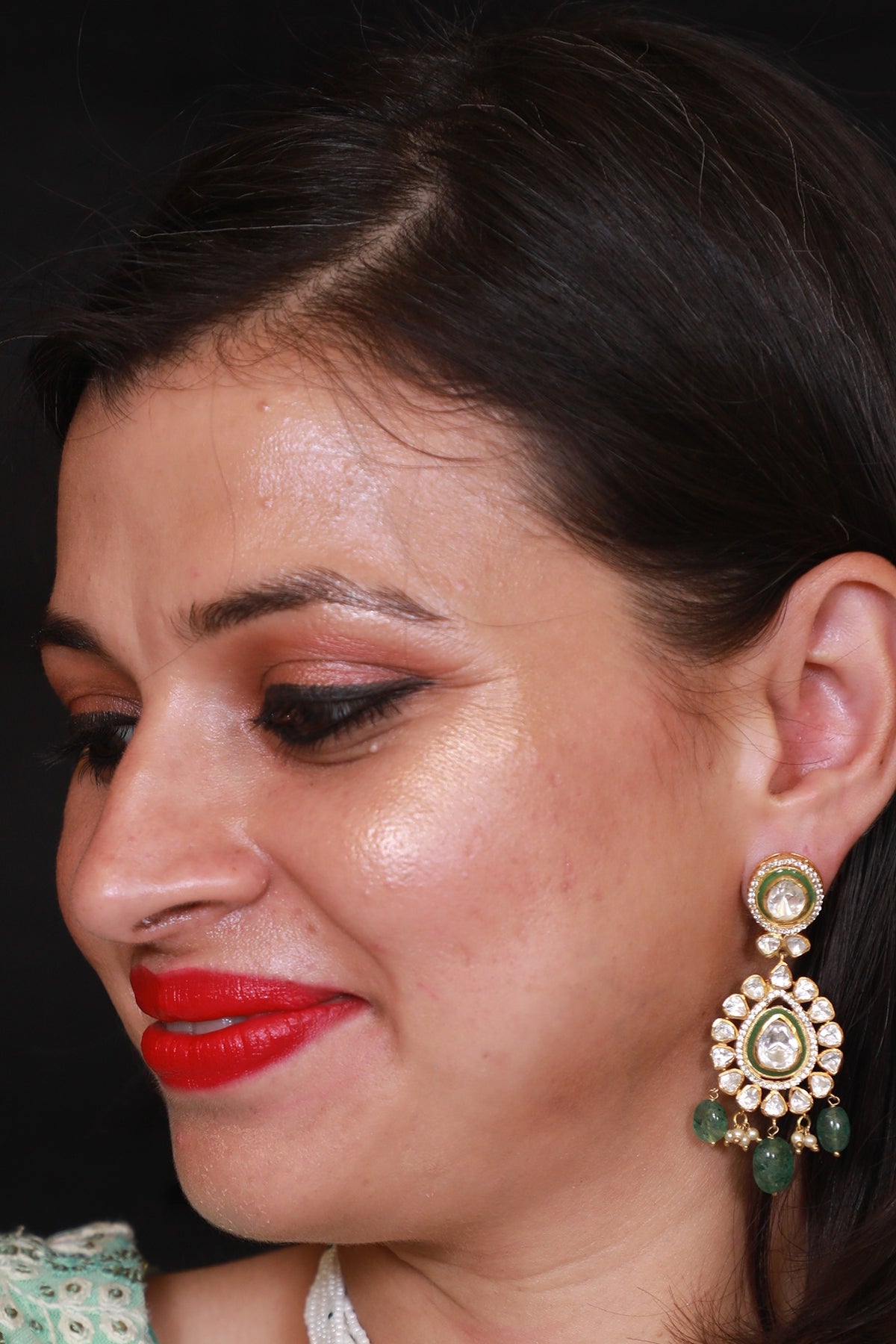Gold Finish Moissanite Kundan Earrings In Sterling Silver