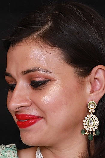 Gold Finish Moissanite Kundan Earrings In Sterling Silver
