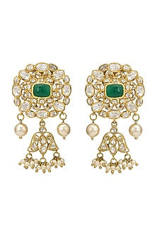 Gold Finish Moissanite Kundan Polki Stud Earrings In Sterling Silver