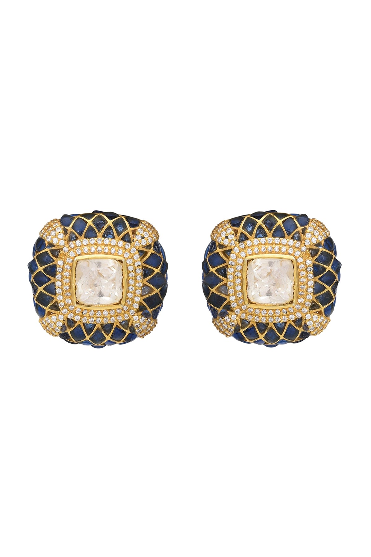 Gold Finish Kundan Polki Handcrafted Stud Earrings In Sterling Silver