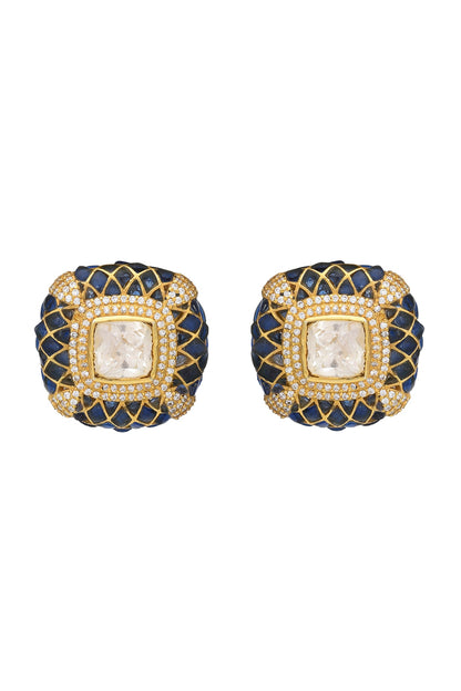 Gold Finish Kundan Polki Handcrafted Stud Earrings In Sterling Silver