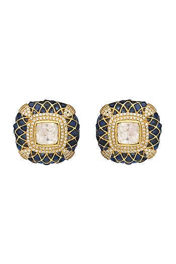 Gold Finish Kundan Polki Handcrafted Stud Earrings In Sterling Silver