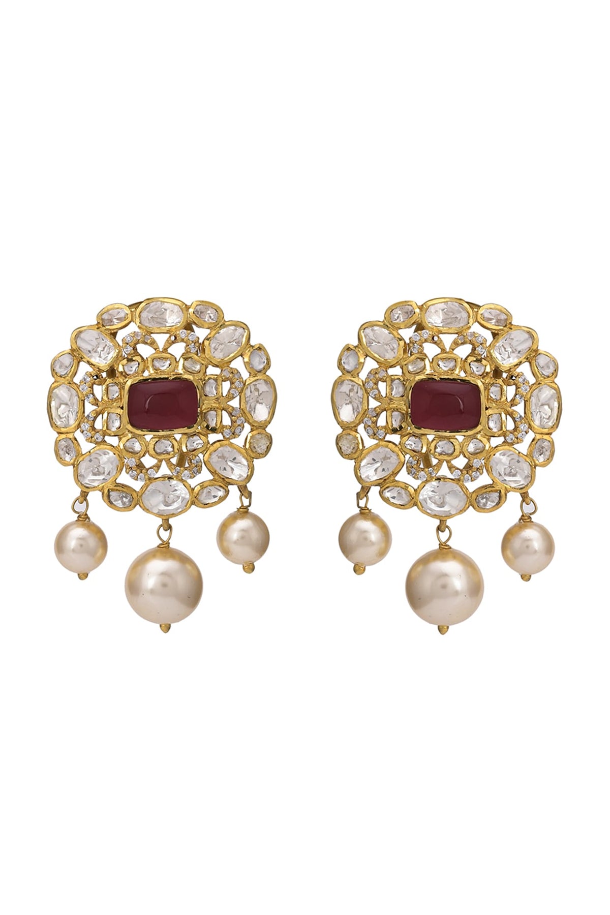 Gold Finish Kundan Polki Stud Earrings In Sterling Silver
