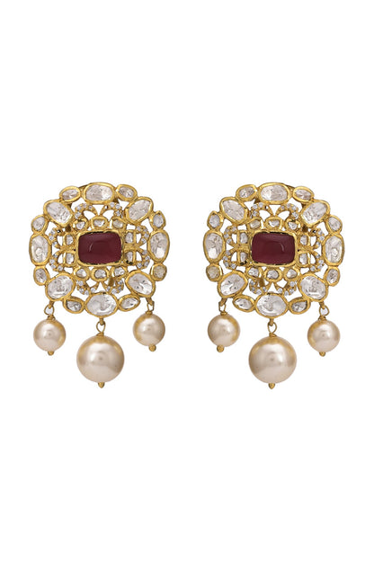 Gold Finish Kundan Polki Stud Earrings In Sterling Silver