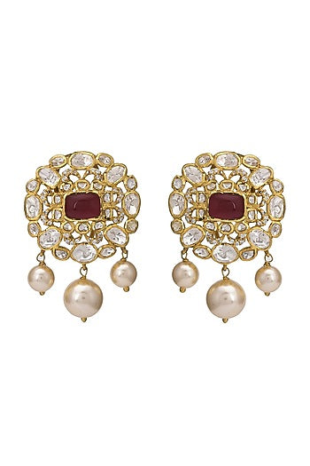 Gold Finish Kundan Polki Stud Earrings In Sterling Silver