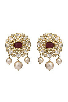 Gold Finish Kundan Polki Stud Earrings In Sterling Silver