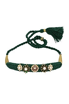 Gold Finish Green Stones Choker Necklace In Sterling Silver
