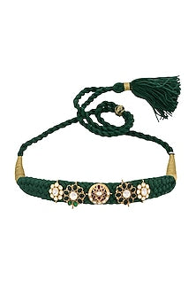 Gold Finish Green Stones Choker Necklace In Sterling Silver