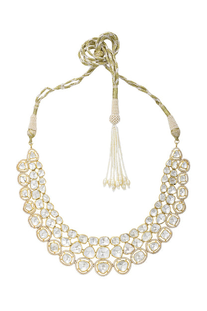Gold Finish Kundan Polki Collar Necklace In Sterling Silver