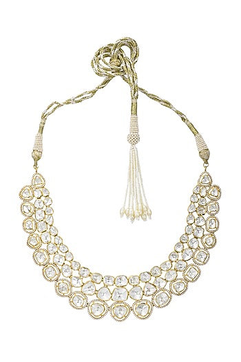 Gold Finish Kundan Polki Collar Necklace In Sterling Silver