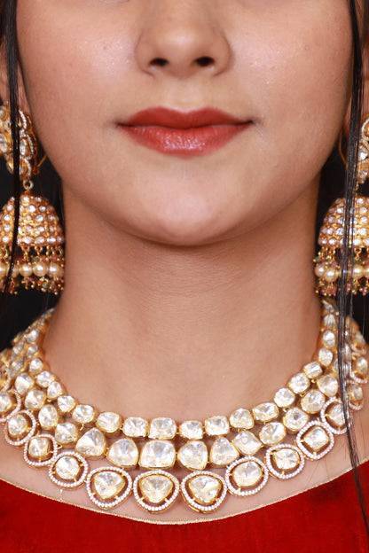 Gold Finish Kundan Polki Collar Necklace In Sterling Silver