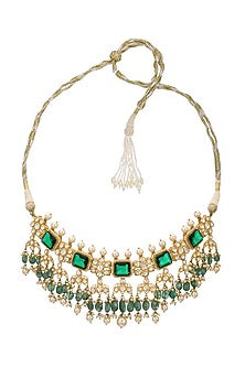 Gold Finish Kundan Polki Handcrafted Choker Necklace In Sterling Silver