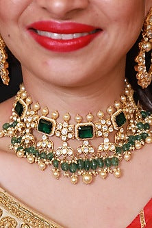 Gold Finish Kundan Polki Handcrafted Choker Necklace In Sterling Silver