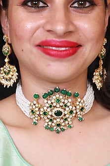 Gold Finish Kundan Polki Choker Necklace In Sterling Silver