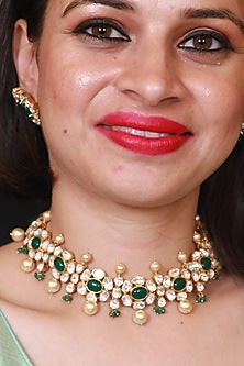 Gold Finish Kundan Polki Choker Necklace In Sterling Silver