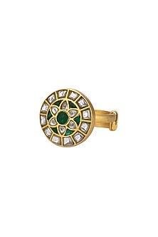 Gold Finish Moissanite Kundan Polki Ring In Sterling Silver