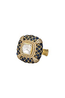 Gold Micro Finish Ring With Kundan Polki In Sterling Silver