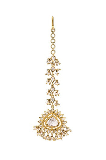 Gold Micro Finish Pearl Maang Tikka In Sterling Silver