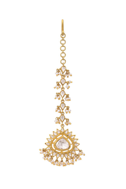 Gold Micro Finish Pearl Maang Tikka In Sterling Silver