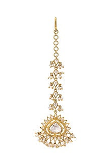 Gold Micro Finish Pearl Maang Tikka In Sterling Silver