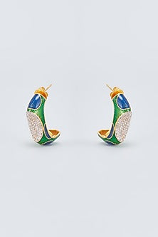 Two Tone Finish Cubic Zirconia Enameled Hoop Earrings In Sterling Silver