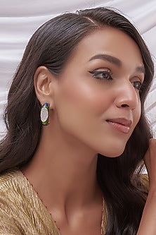 Two Tone Finish Cubic Zirconia Enameled Hoop Earrings In Sterling Silver