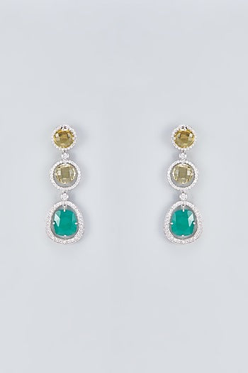 Two Tone Finish Green Onyx & Zirconia Dangler Earrings In Sterling Silver