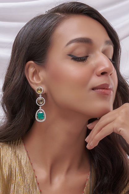 Two Tone Finish Green Onyx & Zirconia Dangler Earrings In Sterling Silver