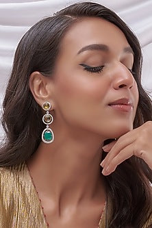Two Tone Finish Green Onyx & Zirconia Dangler Earrings In Sterling Silver