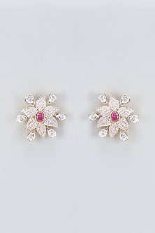 Two Tone Finish Kundan Polki & Cubic Zirconia Stud Earrings In Sterling Silver