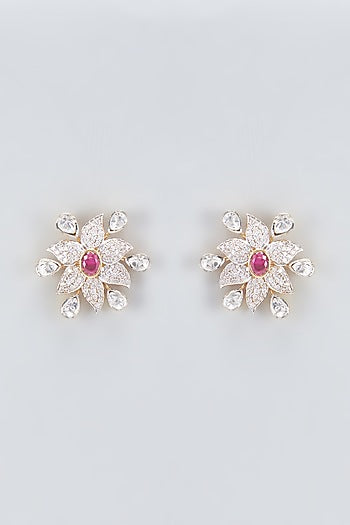Two Tone Finish Kundan Polki & Cubic Zirconia Stud Earrings In Sterling Silver