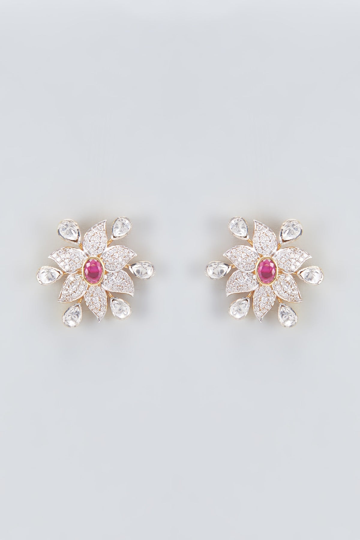 Two Tone Finish Kundan Polki & Cubic Zirconia Stud Earrings In Sterling Silver