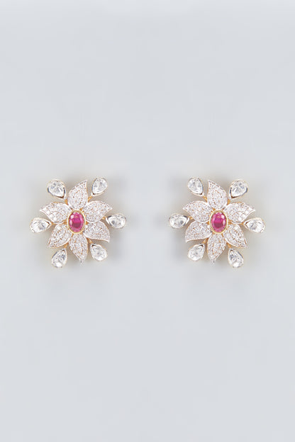 Two Tone Finish Kundan Polki & Cubic Zirconia Stud Earrings In Sterling Silver